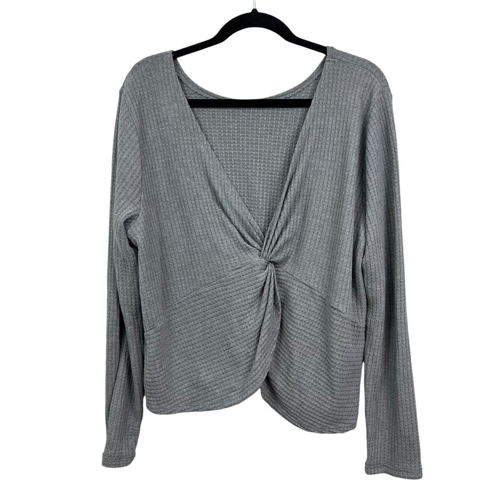 Hollister Womens Crop Sweater Faux Wrap Plunge V Neck Waffle Knit Gray Sz L*